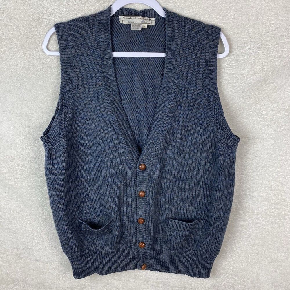Vintage Tricots St Raphael 100% Pure Wool‎ Sweater Vest Grandpa Blue/Gray Large